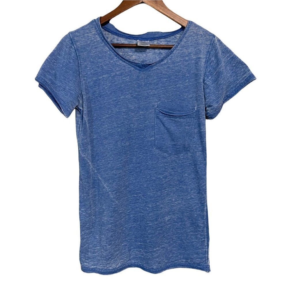 Exist Women's Blue Space Dye Pocket Raw Hem Vneck Short Sleeve T-Shirt Medium